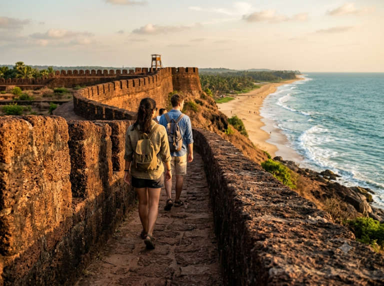Travellers walking the sea-facing laterite ramparts, looking out over the Arabian Sea and Bekal beach, Bekal Fort, India