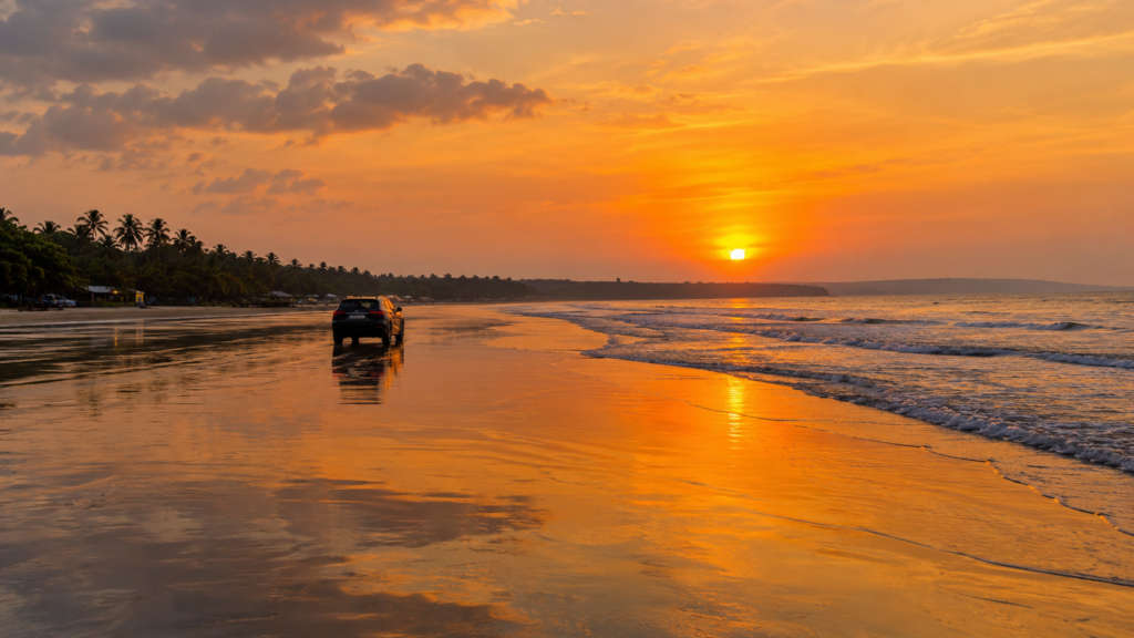 Muzhappilangad Drive-In Beach at golden-hour low tide, Kannur and Muzhappilangad Drive-In Beach, India