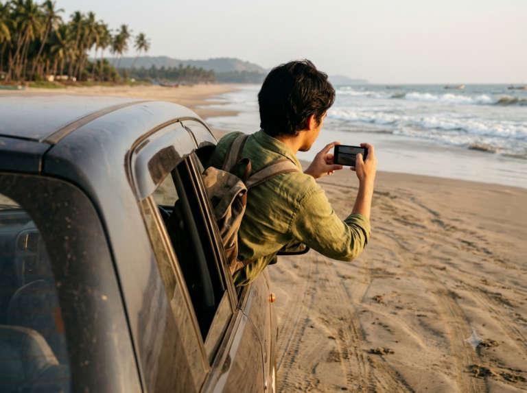 A traveller leaning out of a car window filming the shoreline while driving, Kannur and Muzhappilangad Drive-In Beach, India