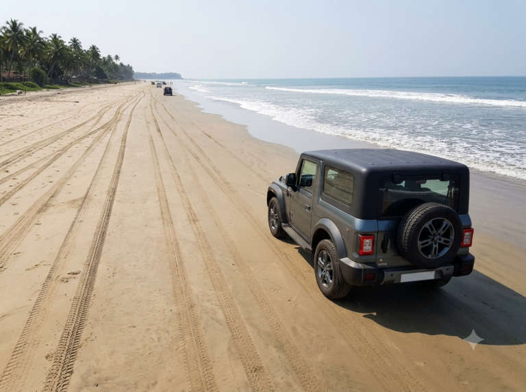 A car driving along the long firm hard-packed sand of Muzhappilangad, Kannur and Muzhappilangad Drive- In Beach, India