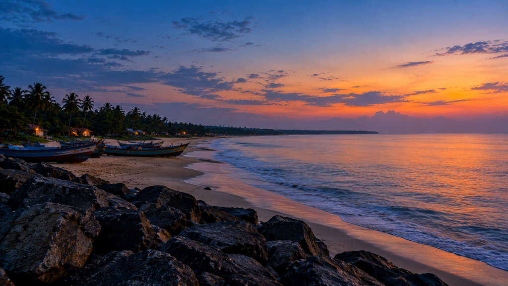 Kappad Beach at blue hour after sunset, calm sea reflecting the fading sky, Kappad Beach, India