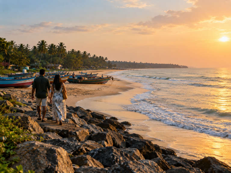 Travellers strolling along the rock-lined shore of Kappad Beach near Kozhikode, Kerala, Kappad Beach, India