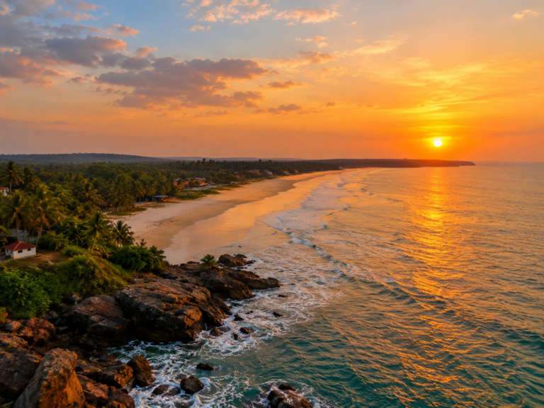 Aerial view of Kappad Beach, India, at golden hour