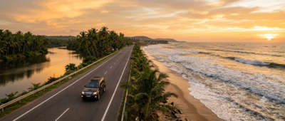 Goa to Kerala road trip on NH66 at Maravanthe, Arabian Sea on one side and Souparnika River on the other