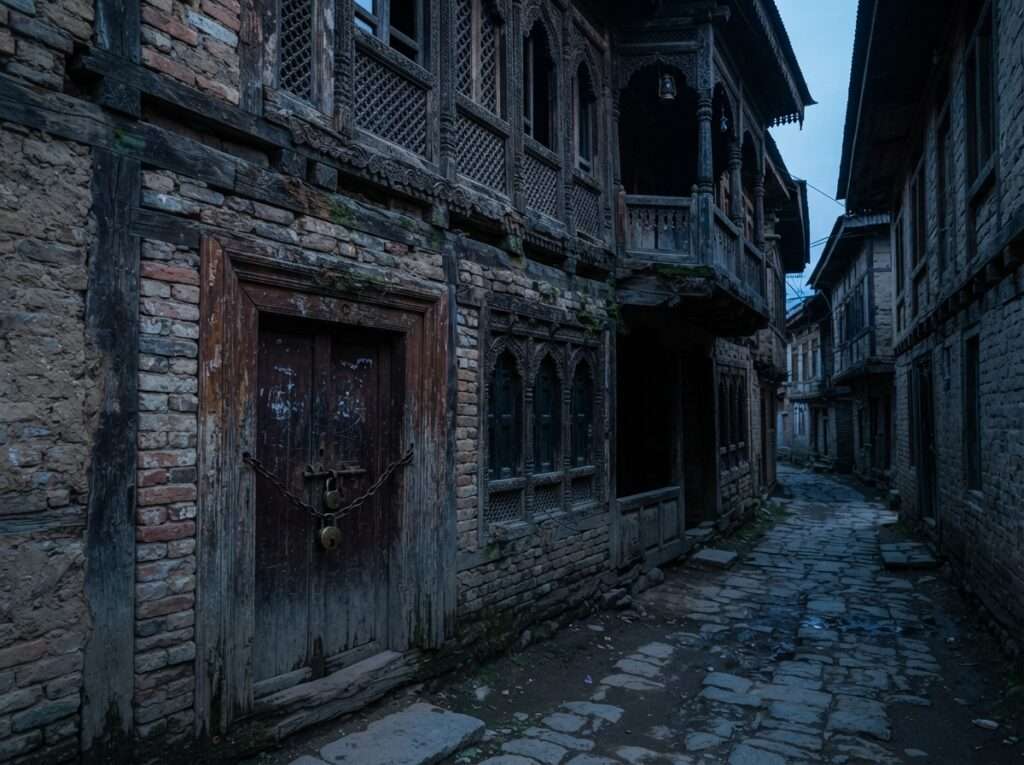 Old locked Kashmiri timber-and-brick house in a quiet lane near Bota Kadal, Srinagar Note: INFERRED — no published address; generic old-city house, confirm