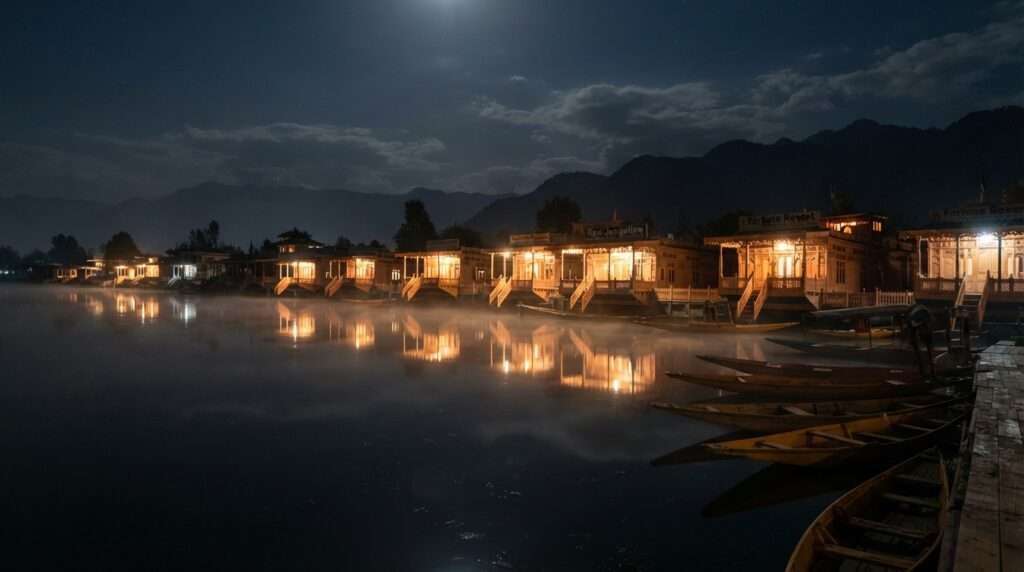 Misty Dal Lake at night with docked shikaras and houseboat lights reflected, Srinagar Note: confirmed