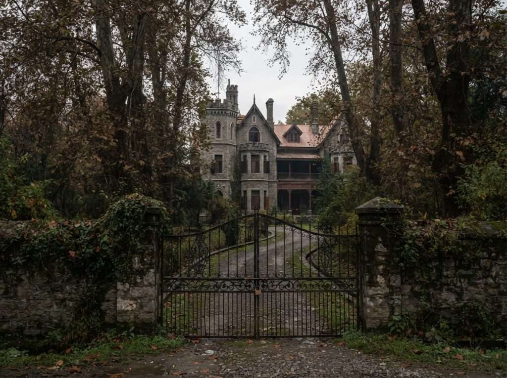 Gothic-style Hari Niwas Palace behind chinar trees on Gupkar Road, Srinagar Note: confirmed — restricted government property; depict from road only