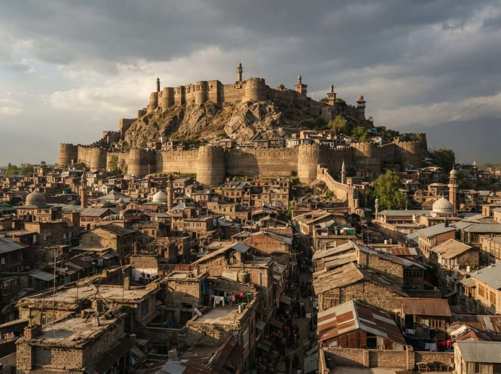 Hari Parbat Fort on its hilltop above the old city of Srinagar in late afternoon light Note: confirmed