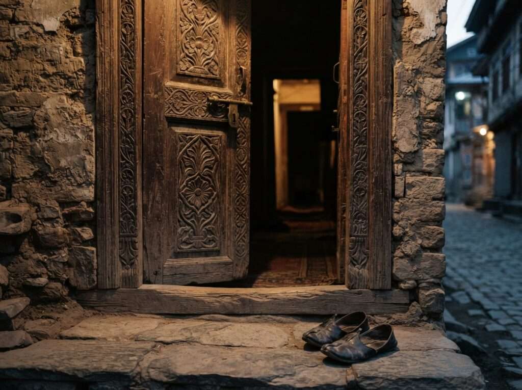 Shoes on the step of an old carved wooden doorway in Srinagar, the Abdullah Jinn legend Note: INFERRED — folklore with no address; generic house, confirm
