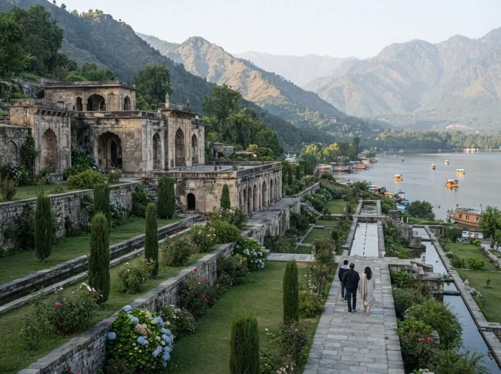 Terraced gardens and arched chambers of Pari Mahal overlooking Dal Lake, Srinagar Note: confirmed