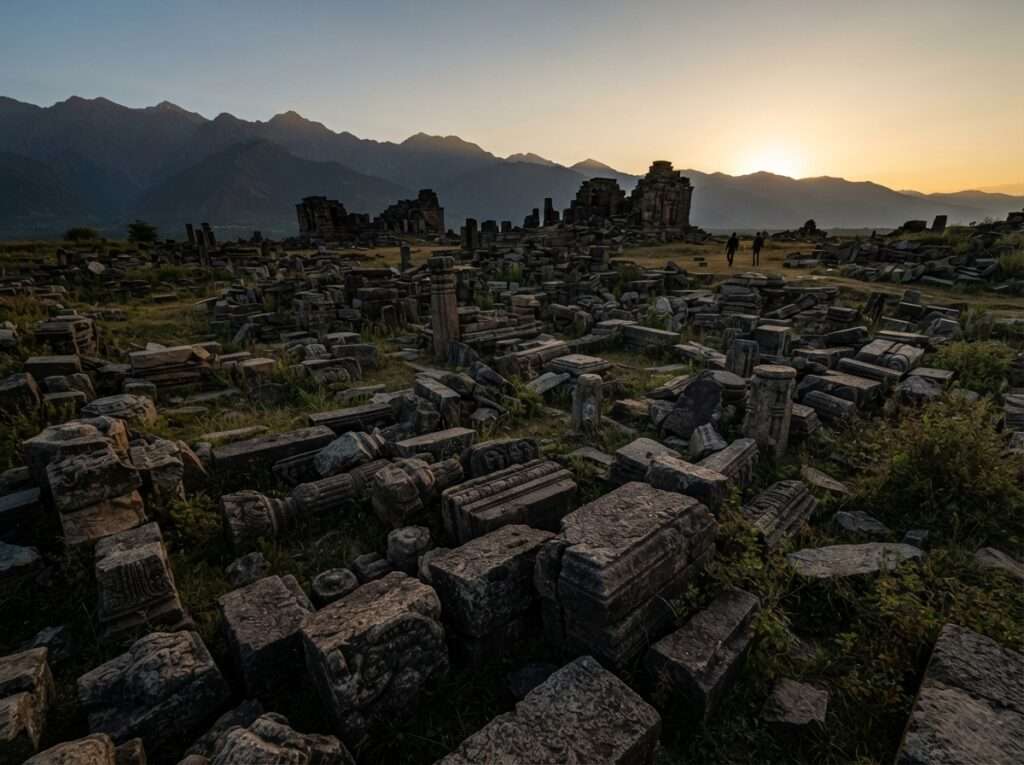 Huge broken stone blocks of the 8th-century Parihaspora ruins near Pattan, Baramulla Note: confirmed