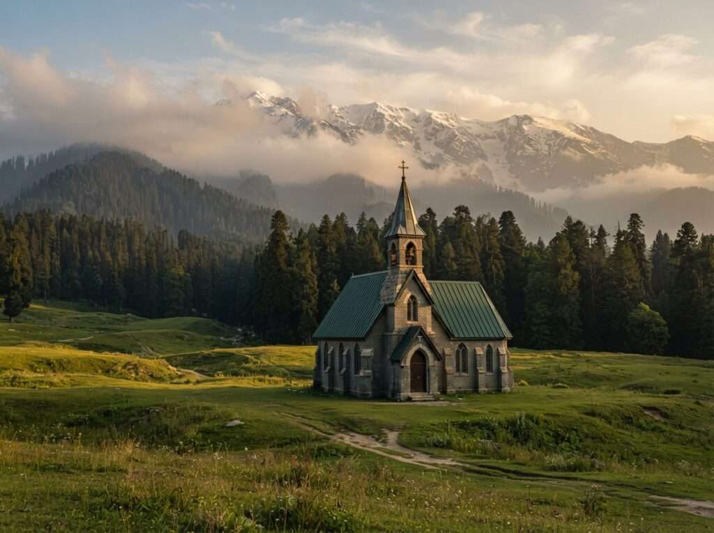 St Mary's Church, a grey-brick Victorian church with a green roof, Gulmarg Note: confirmed