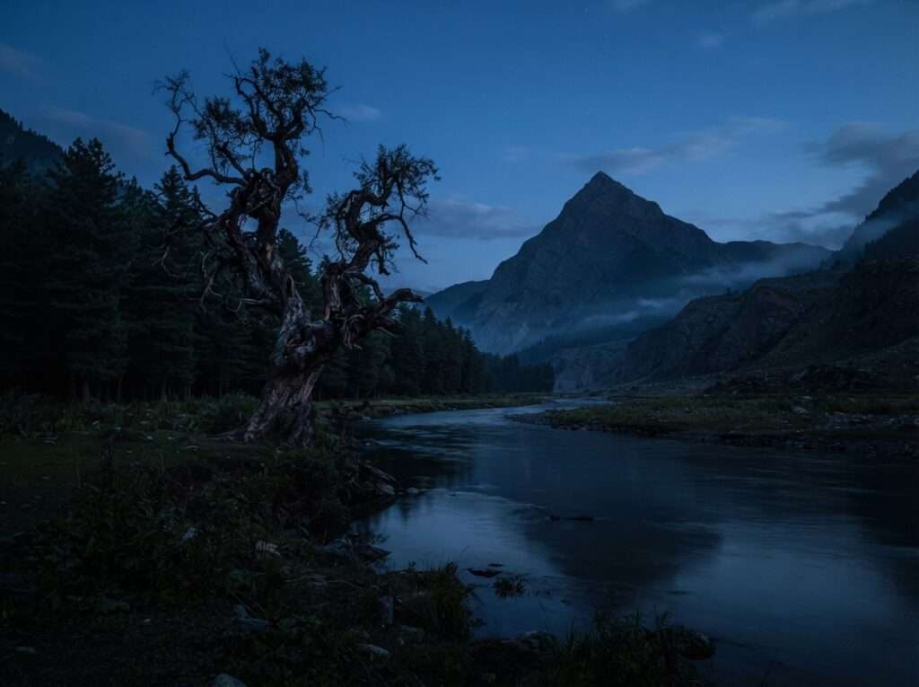 Lone old tree in Gurez valley by the Kishanganga river with Habba Khatoon peak behind Note: INFERRED — no specific tree named; generic valley tree, confirm