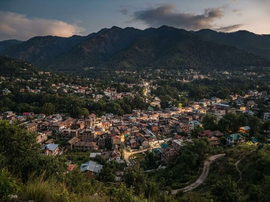 Udhampur town below the Shivalik hills in the Jammu region at dusk Note: INFERRED — army property, no access/photos; depict the town only, confirm