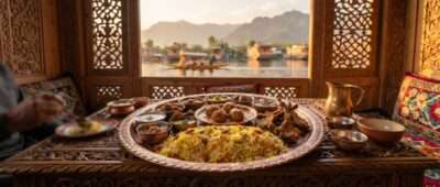 Kashmiri Wazwan dishes Rogan Josh, Goshtaba, Rista and Tabak Maaz on a copper Trami in a Dal Lake houseboat, Srinagar