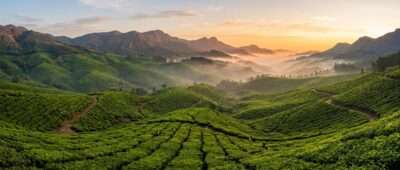 Misty tea hills of Munnar in January, the peak travel season in Kerala, India