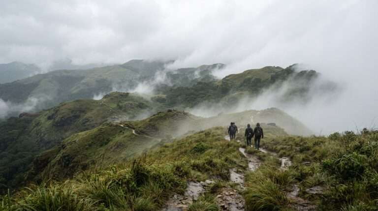 Low monsoon cloud drifting across the grassland hills of the Eravikulam area at early morning, Munnar, Kerala, India