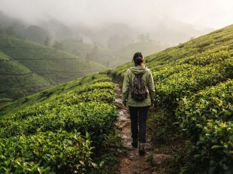 Rows of rain-soaked tea bushes on rolling estate slopes with a seasonal waterfall streaming down, Munnar, Kerala, India