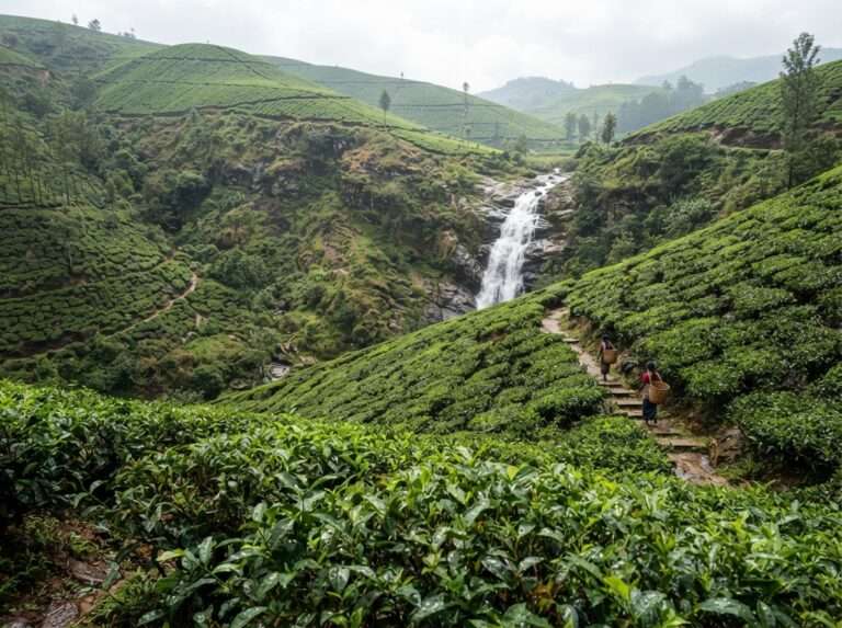 Rows of rain-soaked tea bushes on rolling estate slopes with a seasonal waterfall streaming down, Munnar, Kerala, India