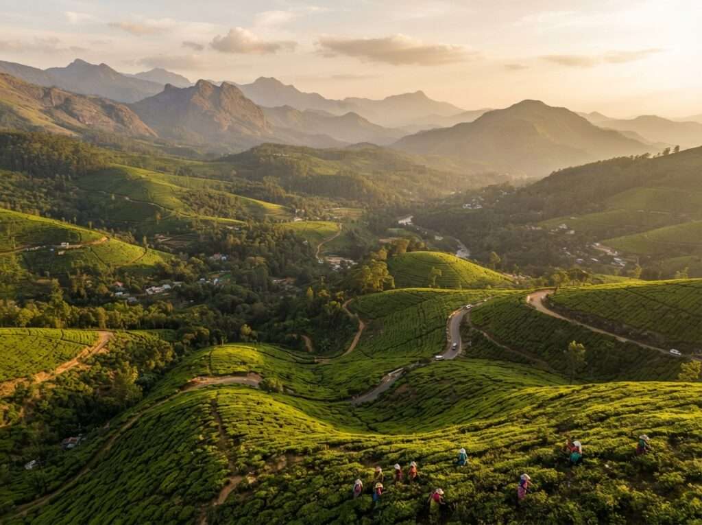 Aerial view of Munnar, Kerala, India, at golden hour