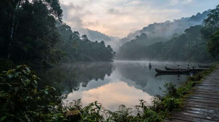 Pookode Lake under low morning mist ringed by dense wet evergreen forest, still water reflection, Wayanad, Kerala, India