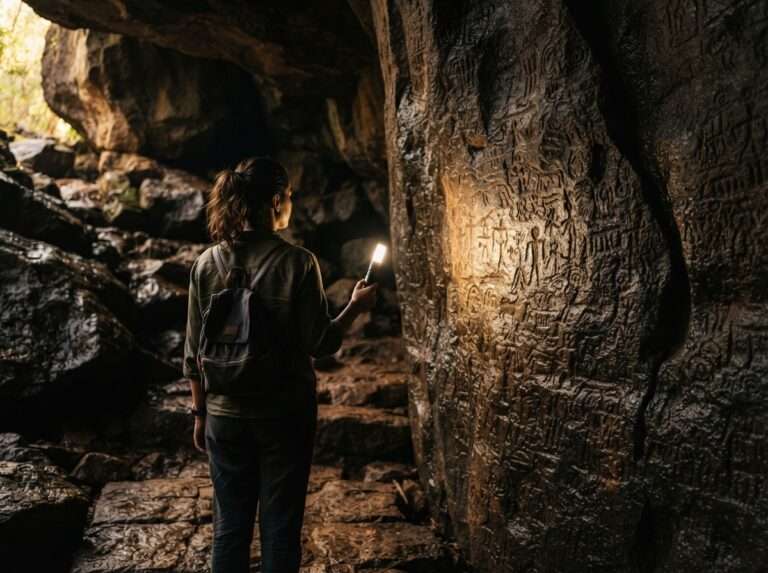 A traveller standing at the ancient stone carvings inside Edakkal Caves, Wayanad, Kerala, India