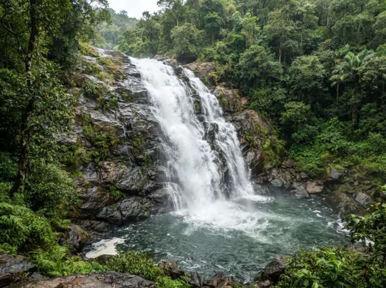Soochipara waterfall in full monsoon flow cascading over dark rock into a forest pool, Wayanad, Kerala, India