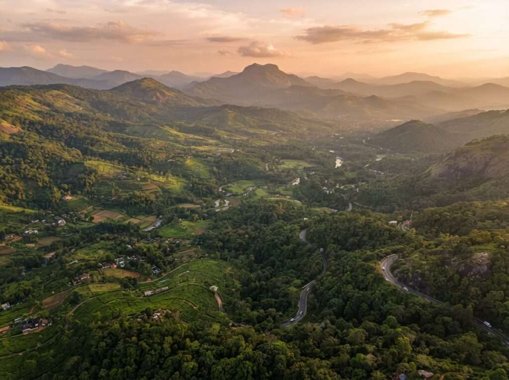 Aerial view of Wayanad, Kerala, India, at golden hour