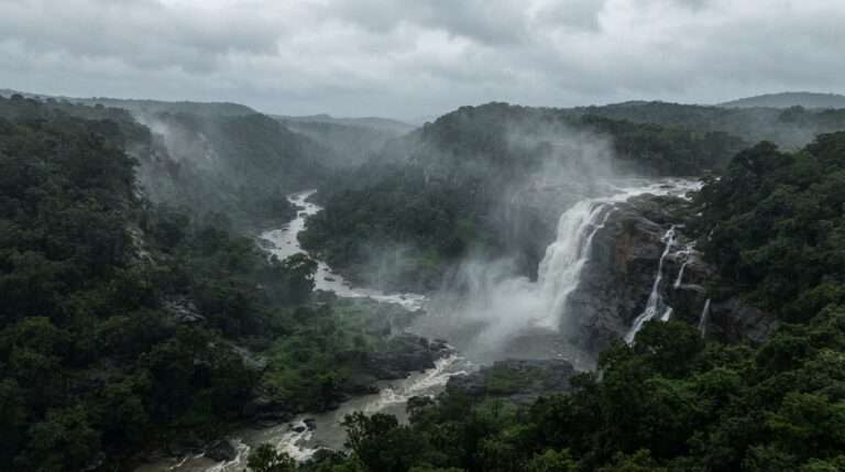 Aerial view of the Chalakudy river gorge and the broad falls wrapped in rain mist, Athirapally, Kerala, India