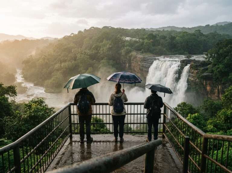 Travellers at a safe railed viewpoint watching the falls in light rain, holding umbrellas, Athirapally, Kerala, India