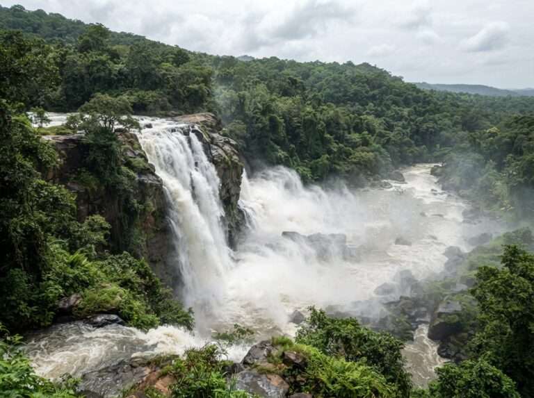 The wide Athirapally waterfall thundering in full monsoon flow, Athirapally, Kerala, India