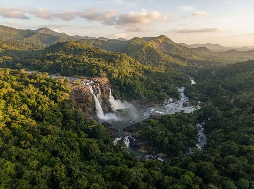 Aerial view of Athirapally, Kerala, India, at golden hour