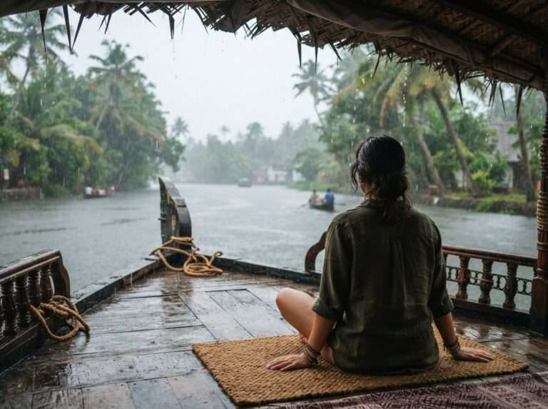 A traveller sitting on the deck of a houseboat watching rain fall on the backwaters, Alappuzha (Alleppey), Kerala, India