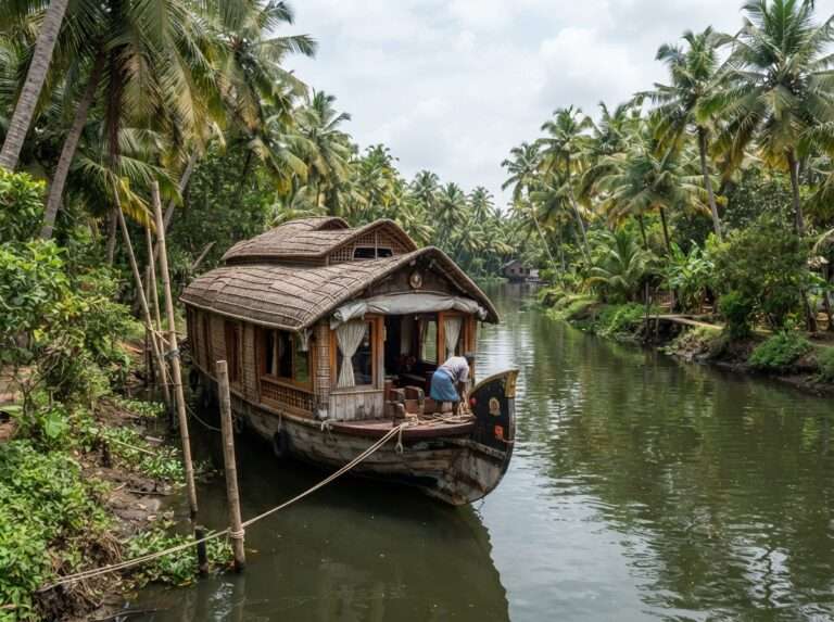 A traditional kettuvallam houseboat with thatched roof moored on a calm palm-lined, Alappuzha (Alleppey), Kerala, India