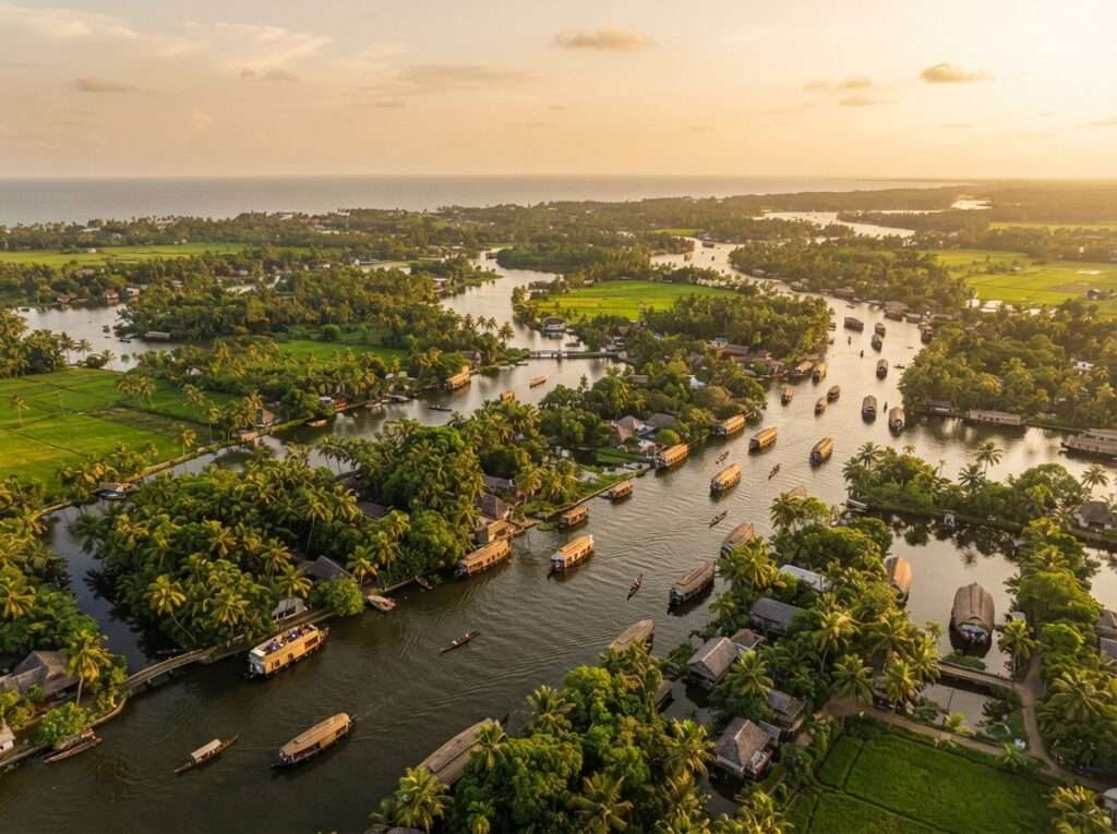 Aerial view of Alappuzha (Alleppey), Kerala, India, at golden hour