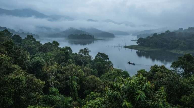 Periyar forest canopy and lake under drifting monsoon mist at early morning, moody soft light, Thekkady, Kerala, India