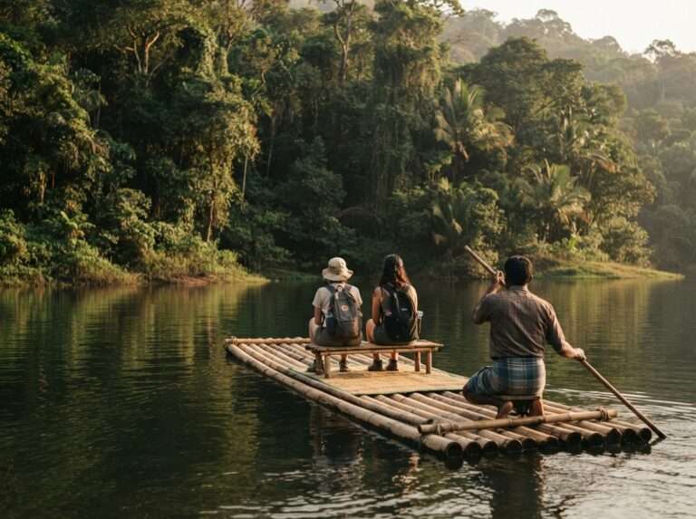 Travellers on a bamboo raft on Periyar Lake,, dense dripping forest on the banks, Thekkady, Kerala, India