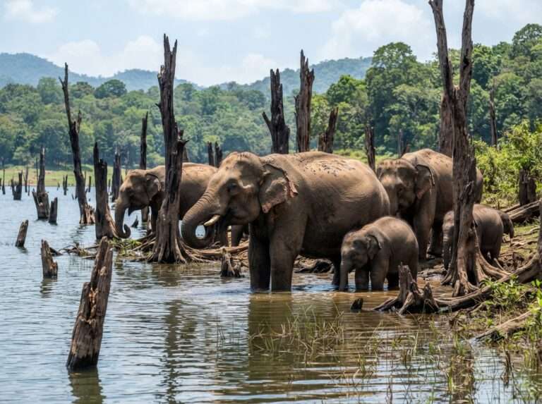 Wild elephants at the waterline of Periyar Lake beside dead tree stumps rising from the water, Thekkady, Kerala, India
