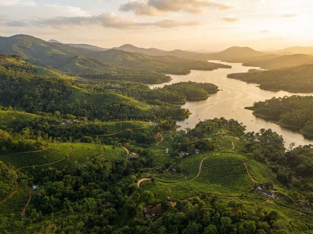 Aerial view of Thekkady, Kerala, India, at golden hour