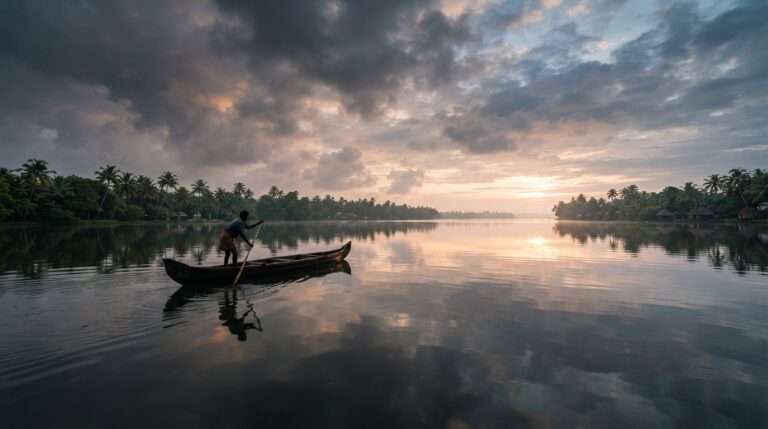 Vast Vembanad Lake at sunrise after a monsoon shower, a lone fishing canoe silhouetted, Kumarakom, Kerala, India