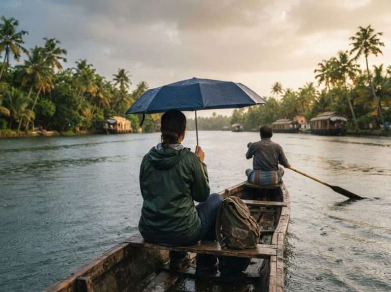 A traveller on a small country boat cruising Vembanad Lake in light rain, holding an umbrella, Kumarakom, Kerala, India
