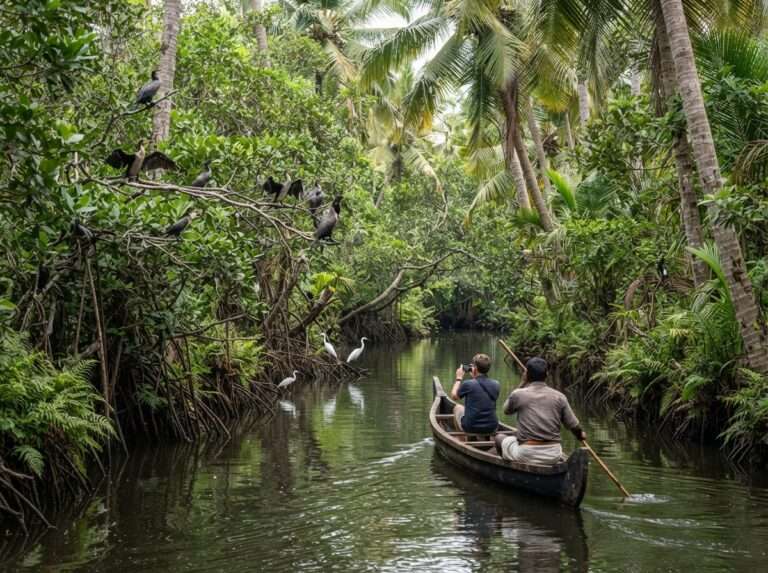 A narrow canoe channel through mangroves and palms at the Kumarakom bird sanctuary, Kumarakom, Kerala, India