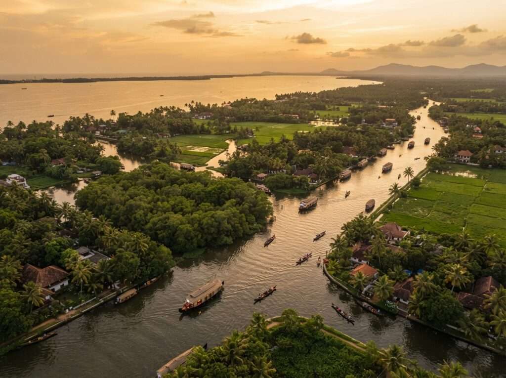 Aerial view of Kumarakom, Kerala, India, at golden hour