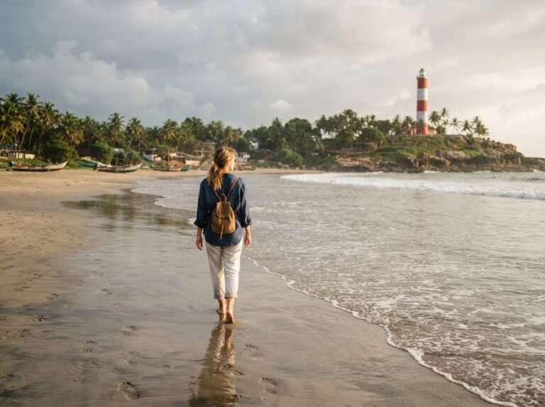 A traveller walking barefoot along an empty Lighthouse Beach shoreline between showers,, mid-distance, Kovalam, Kerala, India