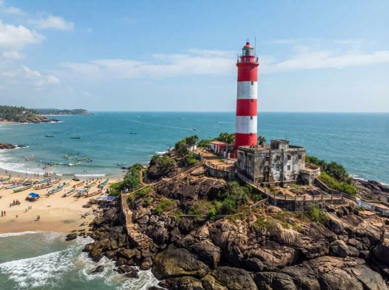 The red-and-white striped Vizhinjam lighthouse on the rocky headland above Lighthouse Beach, Kovalam, Kerala, India