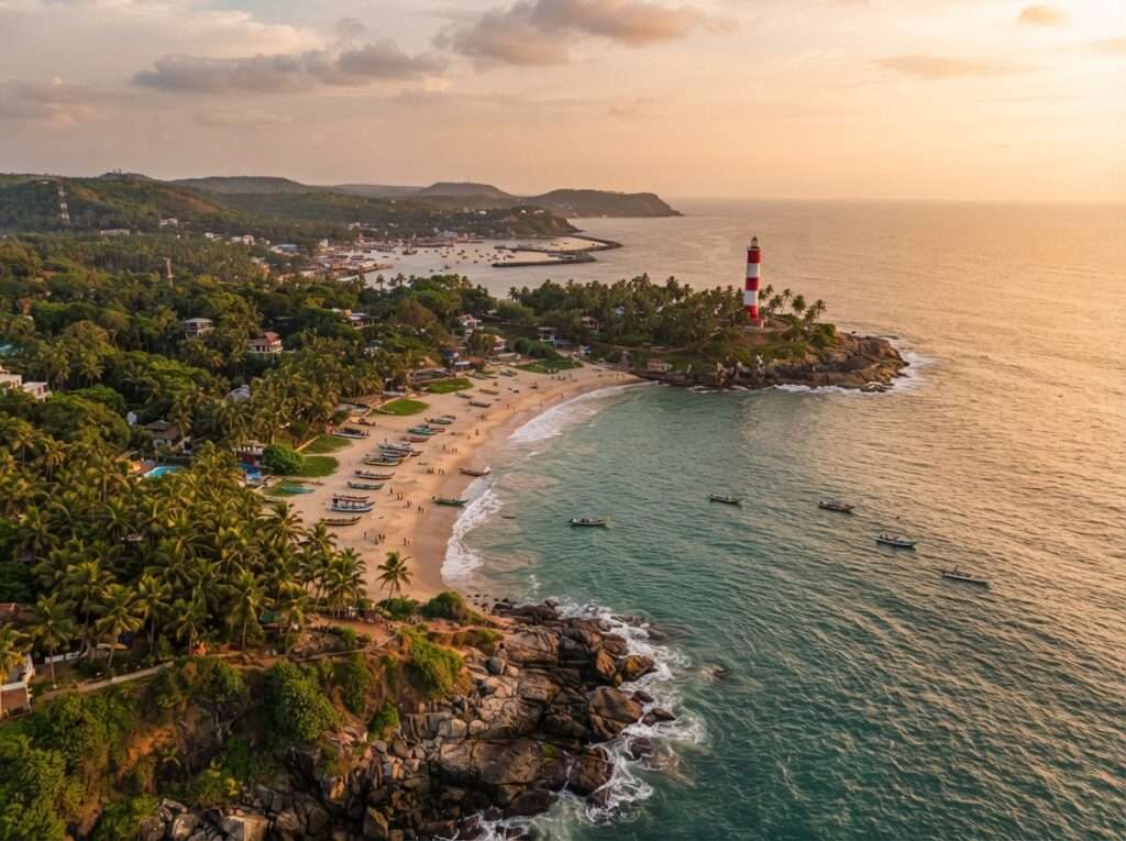 Aerial view of Kovalam, Kerala, India, at golden hour