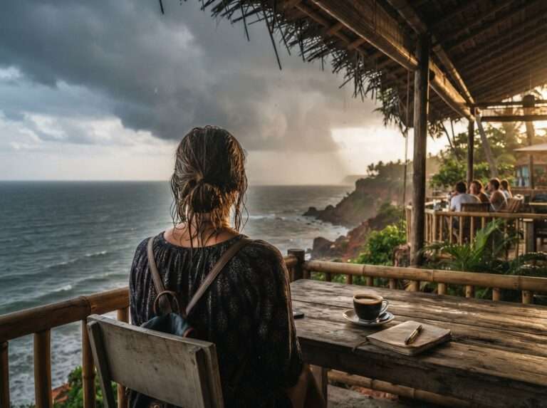 A traveller seated at a cliff-top cafe table with coffee watching a monsoon squall roll in over, Varkala, Kerala, India
