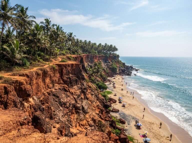 The red laterite cliff rising above Papanasam Beach and the Arabian Sea, Varkala, Kerala, India