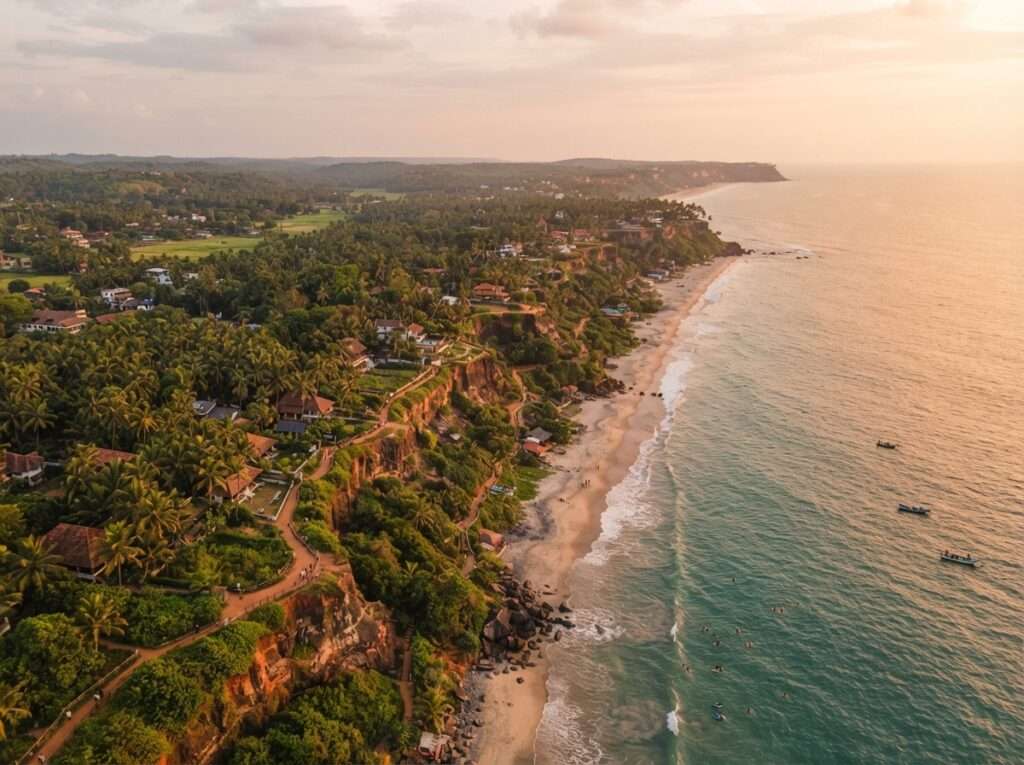Aerial view of Varkala, Kerala, India, at golden hour
