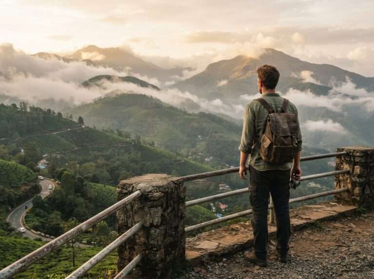 A traveller standing at a roadside viewpoint looking over cloud-wrapped spice hills, Idukki, Kerala, India